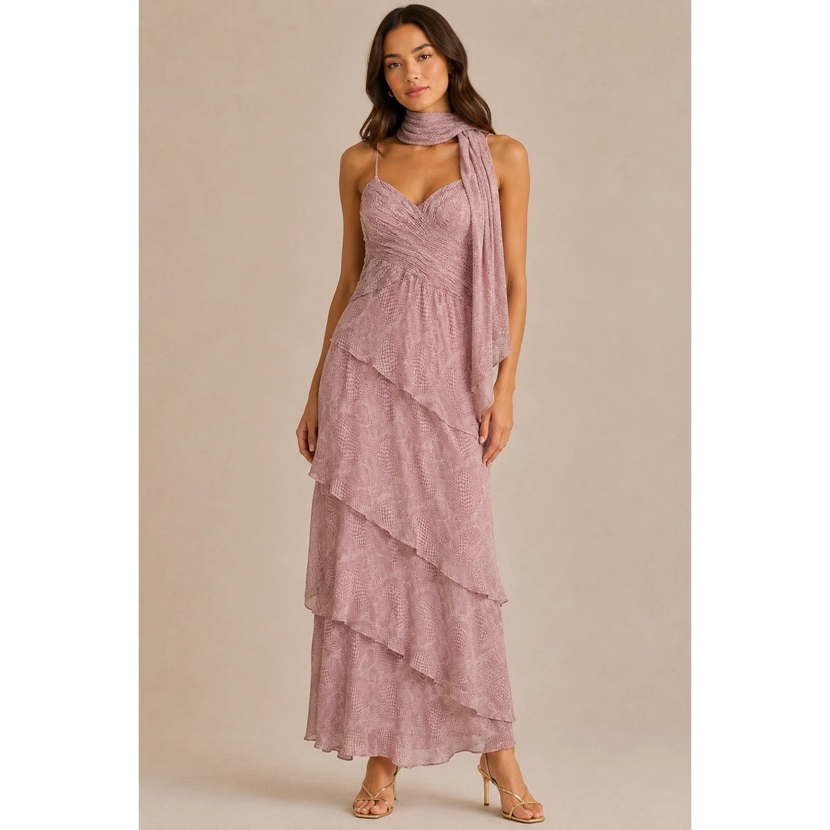 chetta b metallic maxi dress Vintage Chetta B Size 6 Twisted Halter Maxi Silk Dress Gown Metallic Print  Gown