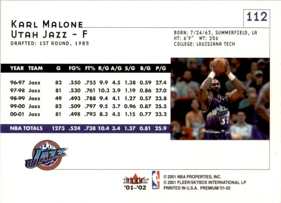 2001-02 Basketball Fleer Premium Karl Malone Utah Jazz #112 - Image 2 of 2