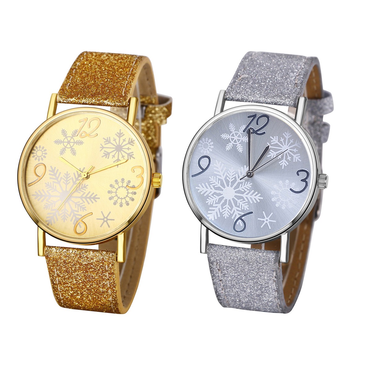 2pcs Women Girls Snowflake Dial 18MM PU Leather Band Quartz Christmas Watch  Gift