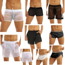 Mens Sheer See Throug Boxer Shorts Solid Color Athletic Quick Drying Swim Trunks