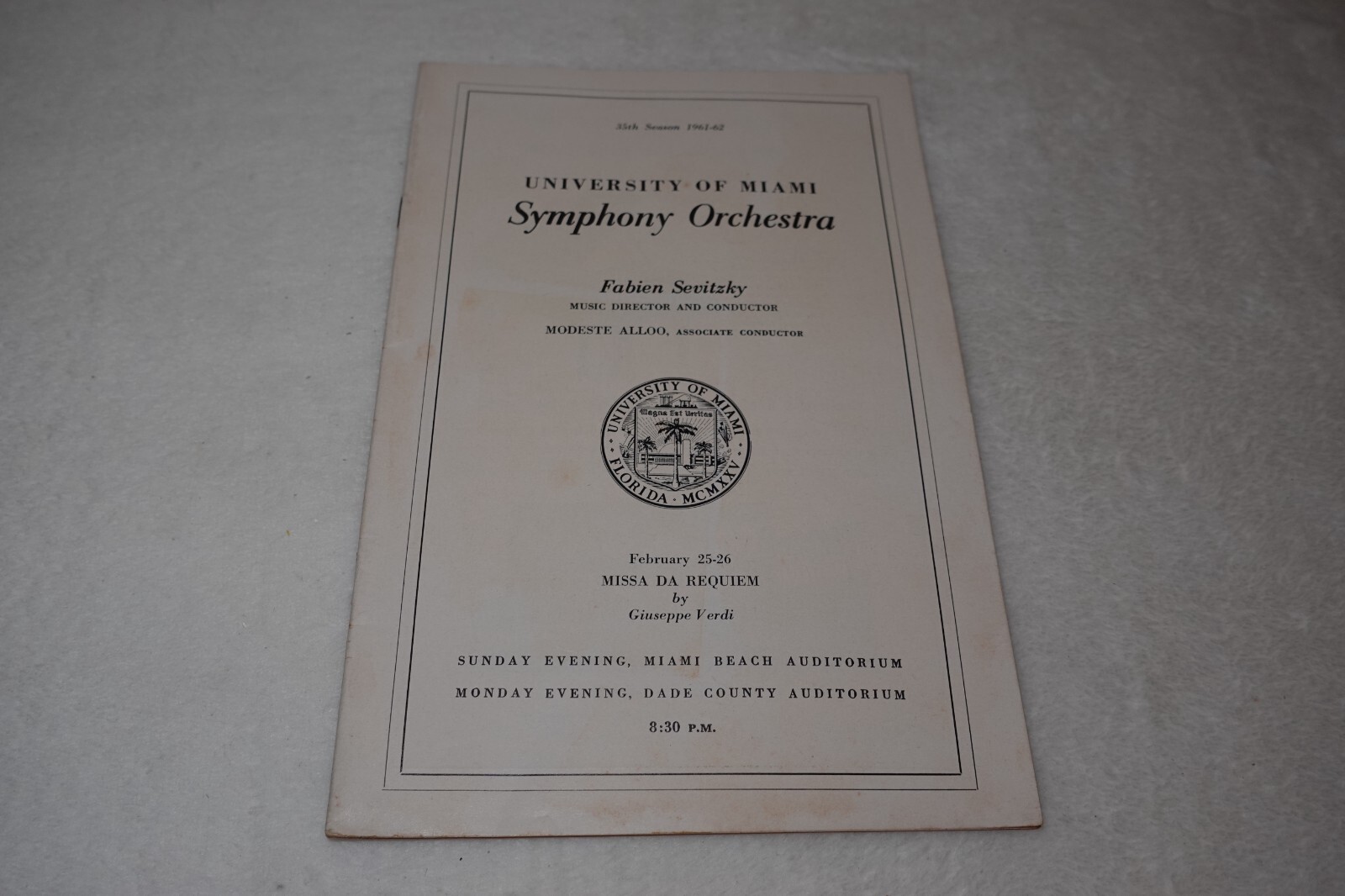 Fabien Sevitzky University of Miami 1961-62 Miami Beach Concert Program