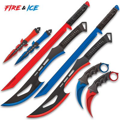 8pc Fire & Ice Knife Set - Katana Sword Machete Karambit Fixed
