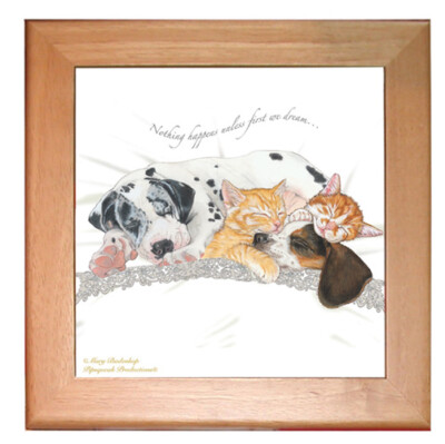 Dog with Cat Group Kitchen Ceramic Trivet Framed in Pine 8'' x 8''