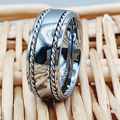 Double Braided Rope Inlay Tungsten Ring Men's Shiny Silver Tungsten Wedding  Band