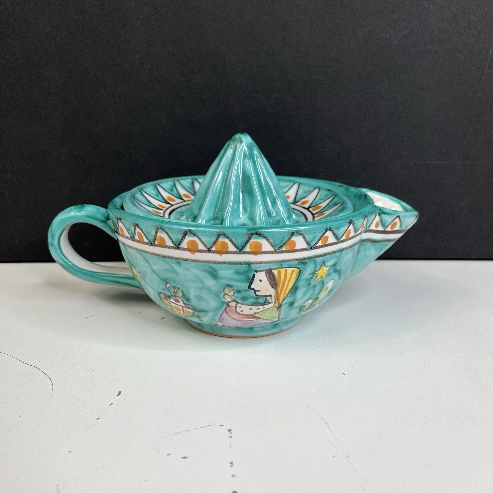 Dip A Mano Hand Painted Ceramic Citrus Juicer Turquoise Woman Fruit Amalfi Italy