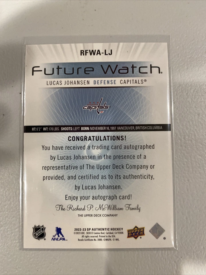 2022-23 UD SP Authentic LUCAS JOHANSEN Future Watch Auto 15/699 #RFWA-LJ - Image 2 of 2