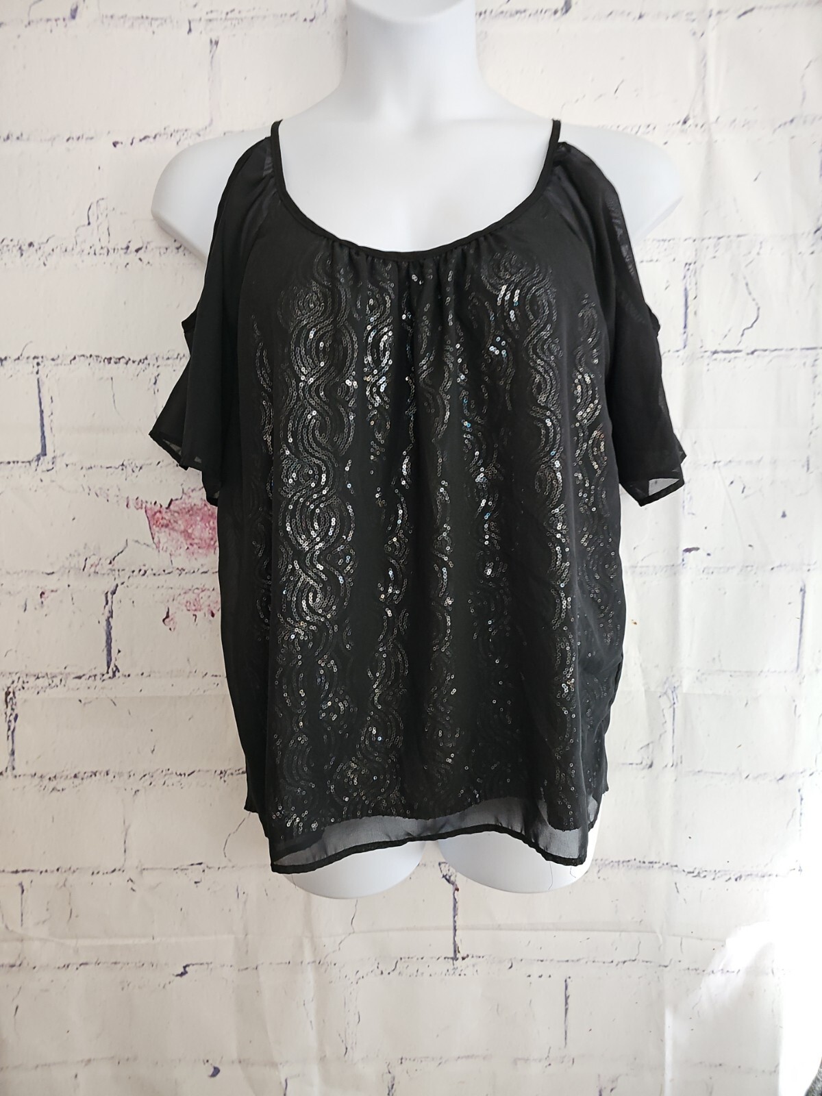 Torrid Black Sequin Chiffon Cold Shoulder Top Blo… - image 2