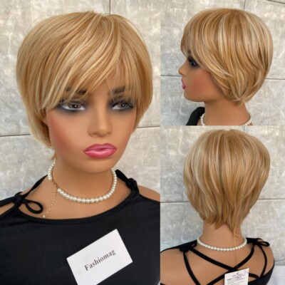 Short Layered Cut Blonde Mix Human Hair Blend Heat Ok Wigs Women Soft Natural