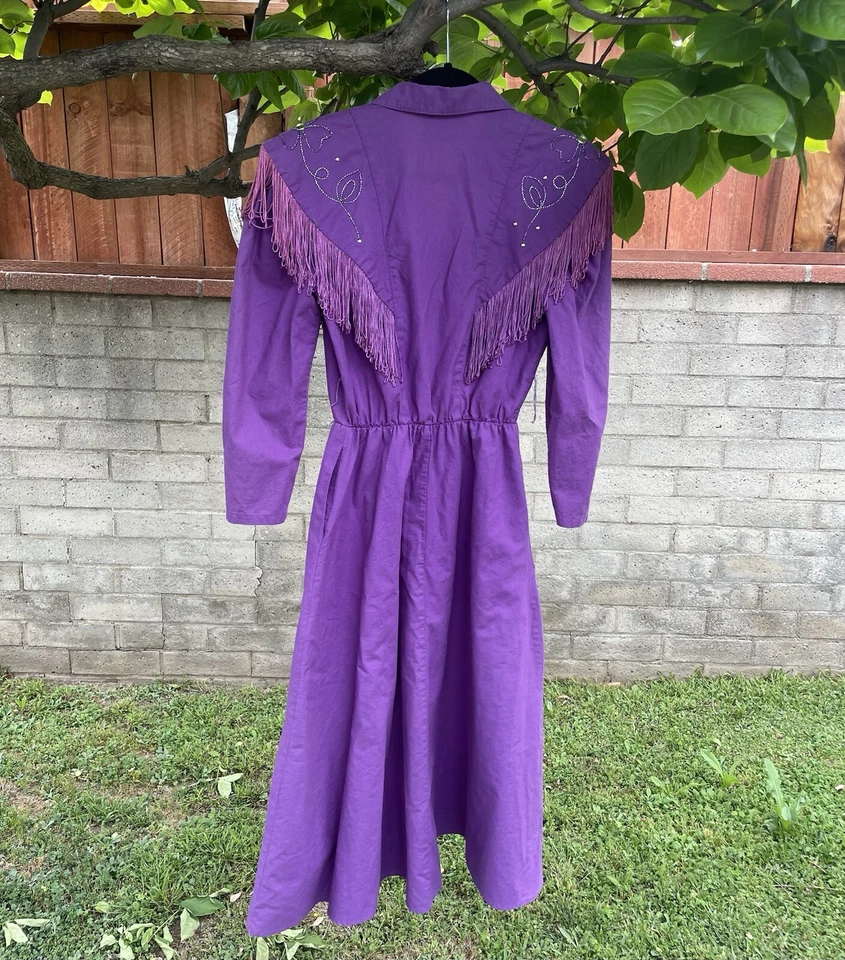 复古 Lilia Smith 连衣裙 尺寸 7/8 紫丁香 紫色 西部 铆钉 流苏 Rodeo 美国 Maxi — 第 2/4 张图片