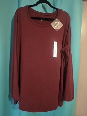 Ava & Viv Long Sleeve Scoop Neck Shirt Burgundy 3X