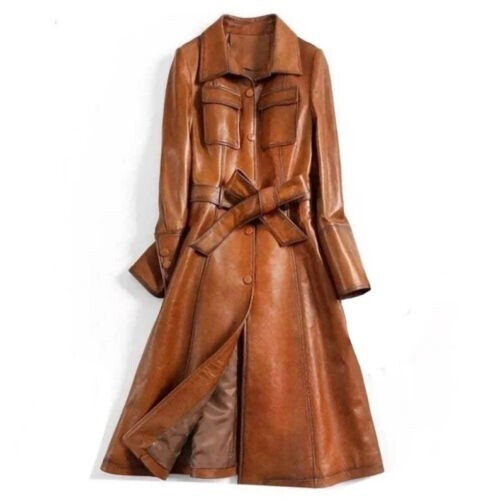 Manteau style italien trench-coat en cuir véritable, ceintures cire bronzée longue laisse - Photo 1/3