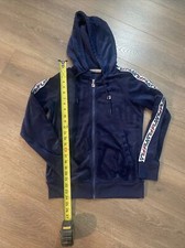 FILA Jacket Women s Small Navy Blue Velour Hoodie Velvet Logo Zip Up Long Sleeve