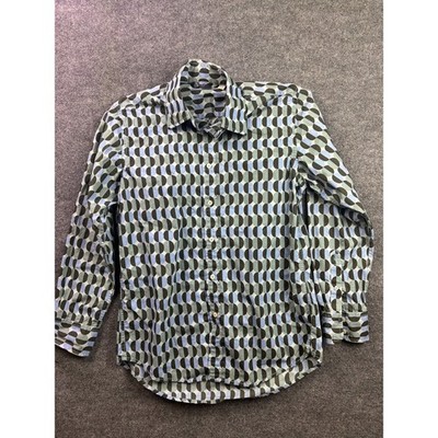 Boden Button Down Shirt Mens 15.5 Blue Grey Geometric Print Long Sleeve Cotton