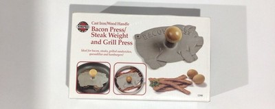 Cast Iron Bacon Press By Nor-pro Grill Wooden Handle Stays Cool NIB