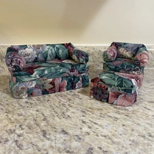 Miniature dollouse contemporary floral upholstered sofa & chair W/Ottoman