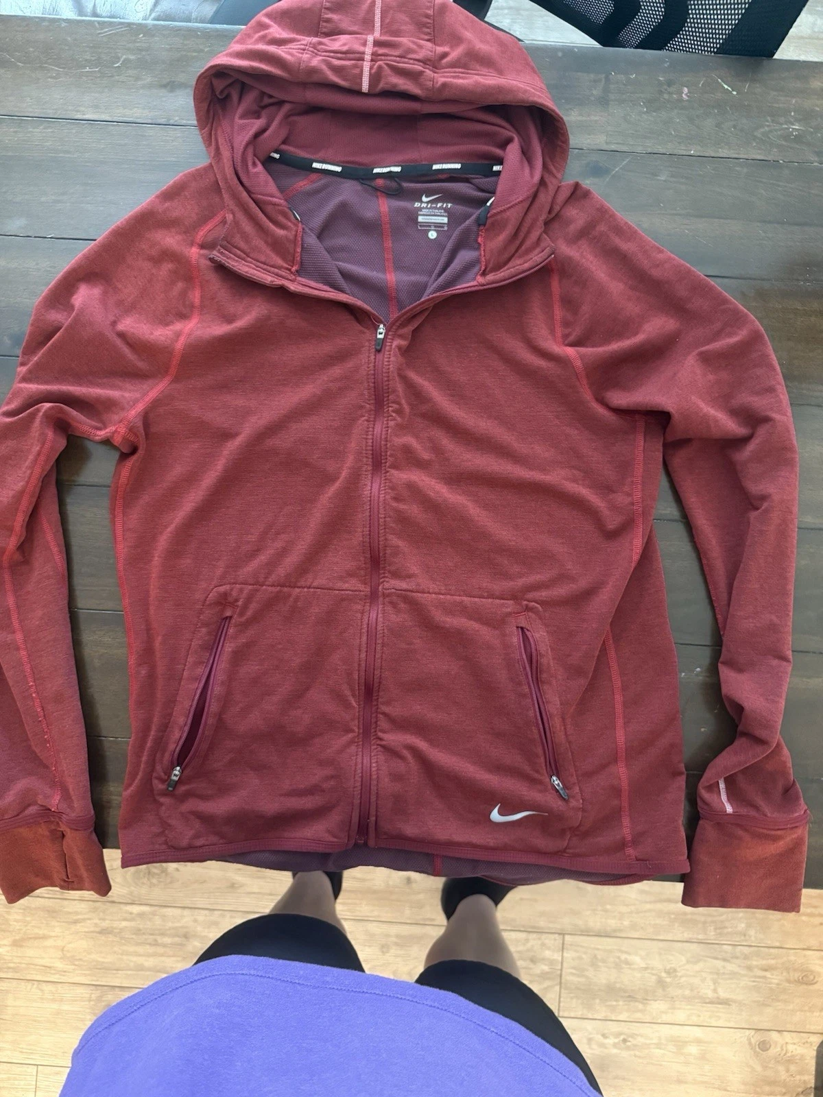 Nike Running Dri-FIT Thermal Full Zip Hoodie Maroon Red Thumb Holes Mens Large