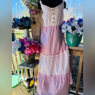 True Craft Curvy 0X Pink Stripe Sleeveless Maxi Sundress Ties Button Accents