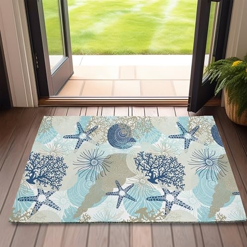 Door Mat,Beach Starfish Front Doormats 17''x30'',Cute Coral Seashell Indoor