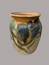 Studio Art pottery vase pot stoneware clay folk art blue and brown floral glaze