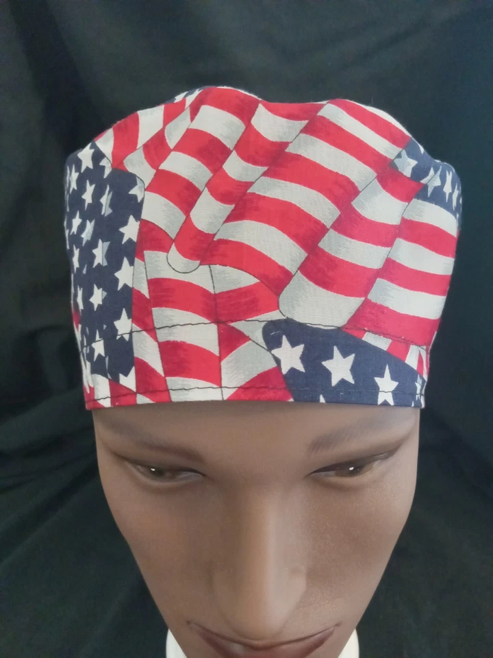Men's Skull Cap.  Patriotic American Flag.  Very Colorful.  Elastic with Ties. - Image 2 of 3