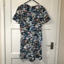 Warehouse White Blue Playsuit Size 6 Satin Abstract Arty Short Sleeve