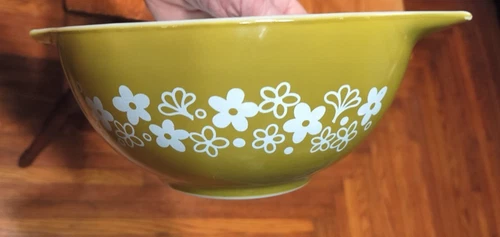 VTG Pyrex Green Spring Blossom "Crazy Daisy" 1-1/2 qt Cinderella Mixing Bowl 442