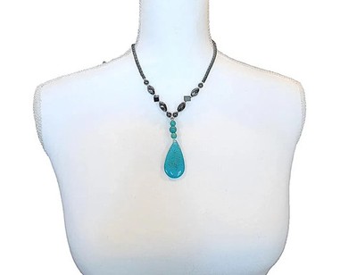 Artisan crafted Turquoise Tear Drop Pendant with Hematite Beads - 17''