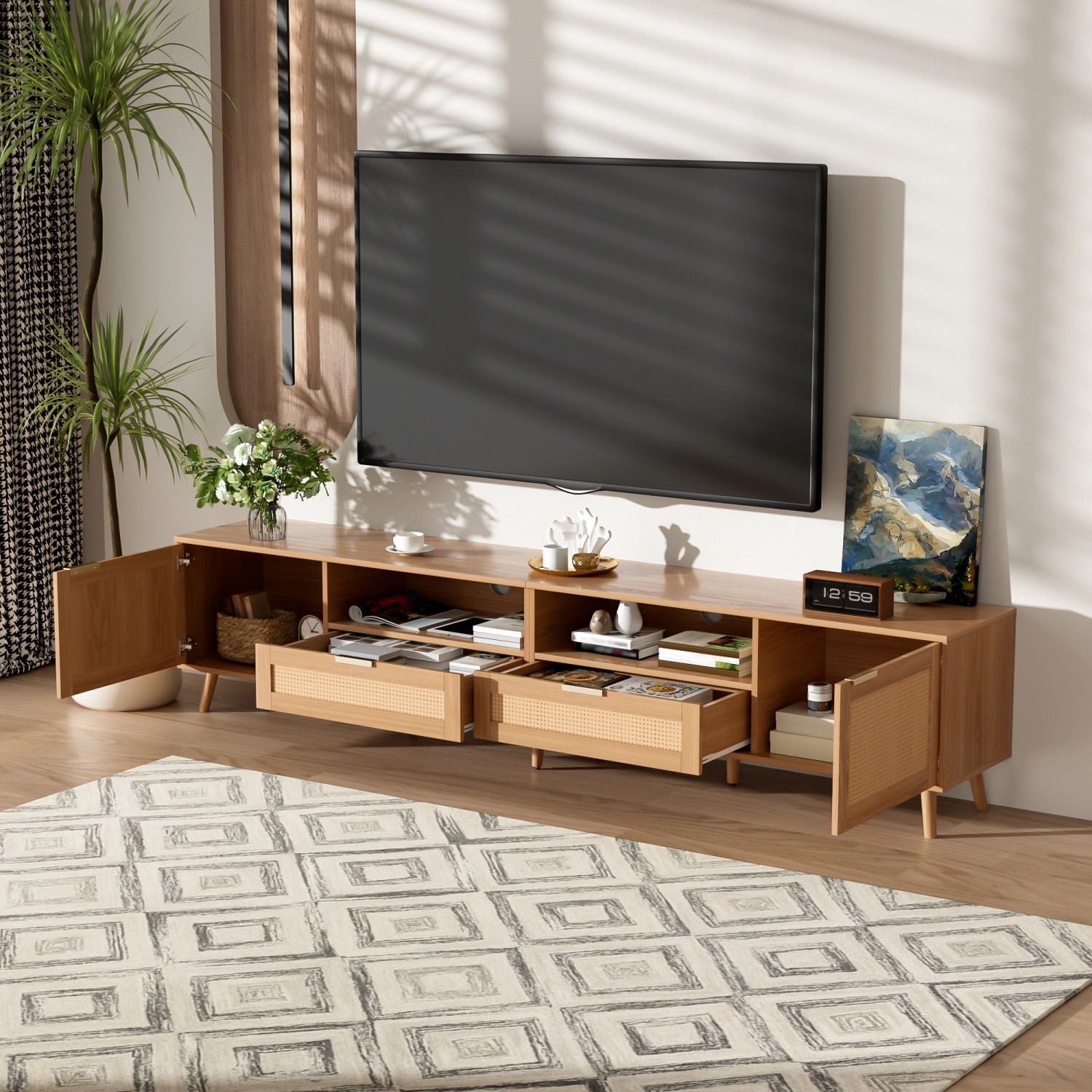 For Tvs 90"  Media Console With Rattan Doors & 2 Drawers & Wooden Legs