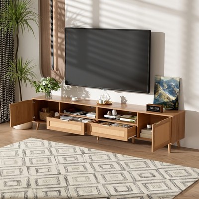 TV Stand for TVs 90''  Media Console with Rattan Doors & 2 Drawers & Wooden Legs