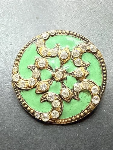Antique Art Nouveau Art Deco Enamel Green Rhinestone Steel Brooch
