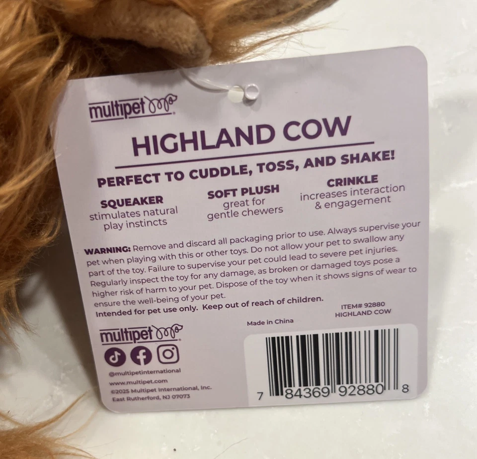 Multipet Highland Cow Flat Dog Toy w/Squeaker & Crinkle Body, Brown, New 17” - Image 3 of 4