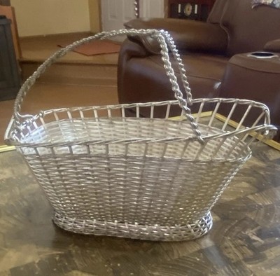 Vintage Woven Silver-tone Metal  Wine Cradle/Brandy Bottle Basket Pour- France