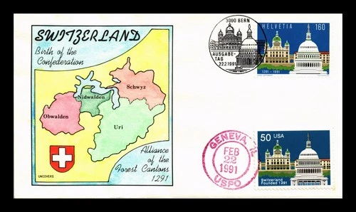 US COVER SWITZERLAND 700TH ANNIVERSARY FDC JOINT ISSUE COMBO HAND COLORED