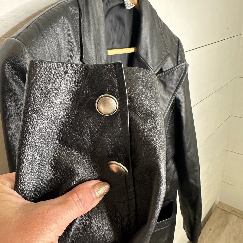 Blazer Newport News Mujer Talla 14 Negro Cuero Genuino Vintage Años 90 Minimalista Foto 2 de 4