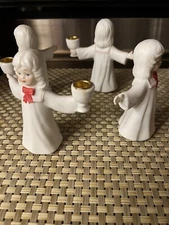 CHRISTMAS Choir CANDLE HOLDERS BISQUE R R ROMAN TAIWAN 4 1/4". Set Of 4
