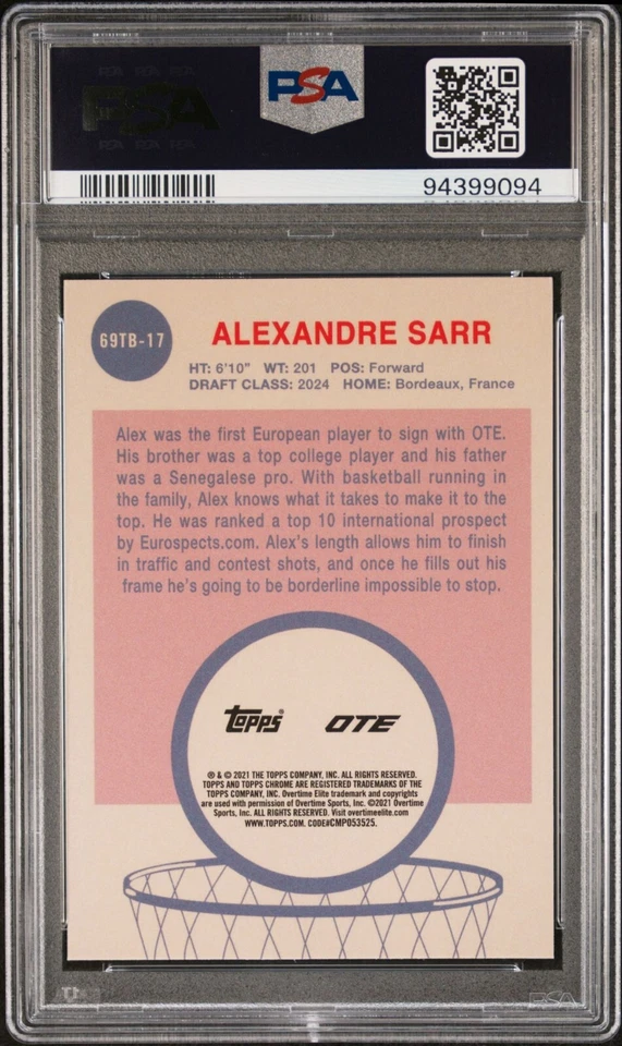 2021-22 Topps Chrome Overtime Elite Alexandre Sarr RC 1969 Rookie PSA 10 - Image 4 of 4