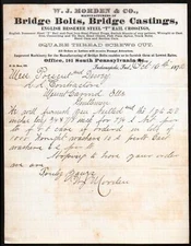 W J Morden & Co - 1872 Indianapolis - Bridge Bolts Castings - Letter Head Bill