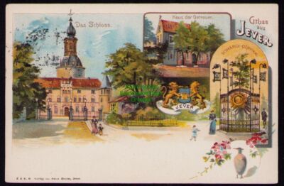 172390 AK  Jever 1907 Litho Schloss Haus der Getreuen Bismarck Denkmal