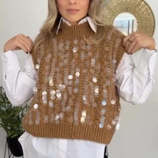 NWT ZARA Knit Sequin Collared Sweater Vest Caramel 3920/175 Sizes S, M