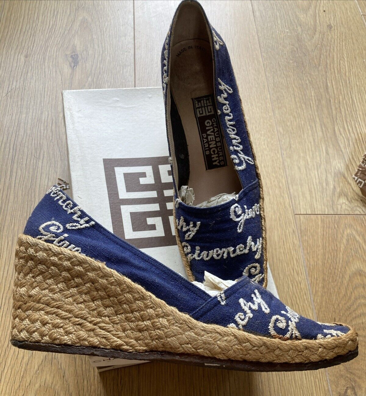 Rare Givenchy Chaussures Paris 1970s Vintage Navy Espadrilles, Size 6 UK, Boxed 5