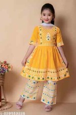 Indian Kids Traditional Nayra Cut Kurti Palazzo Dupatta Trendy set for Girls