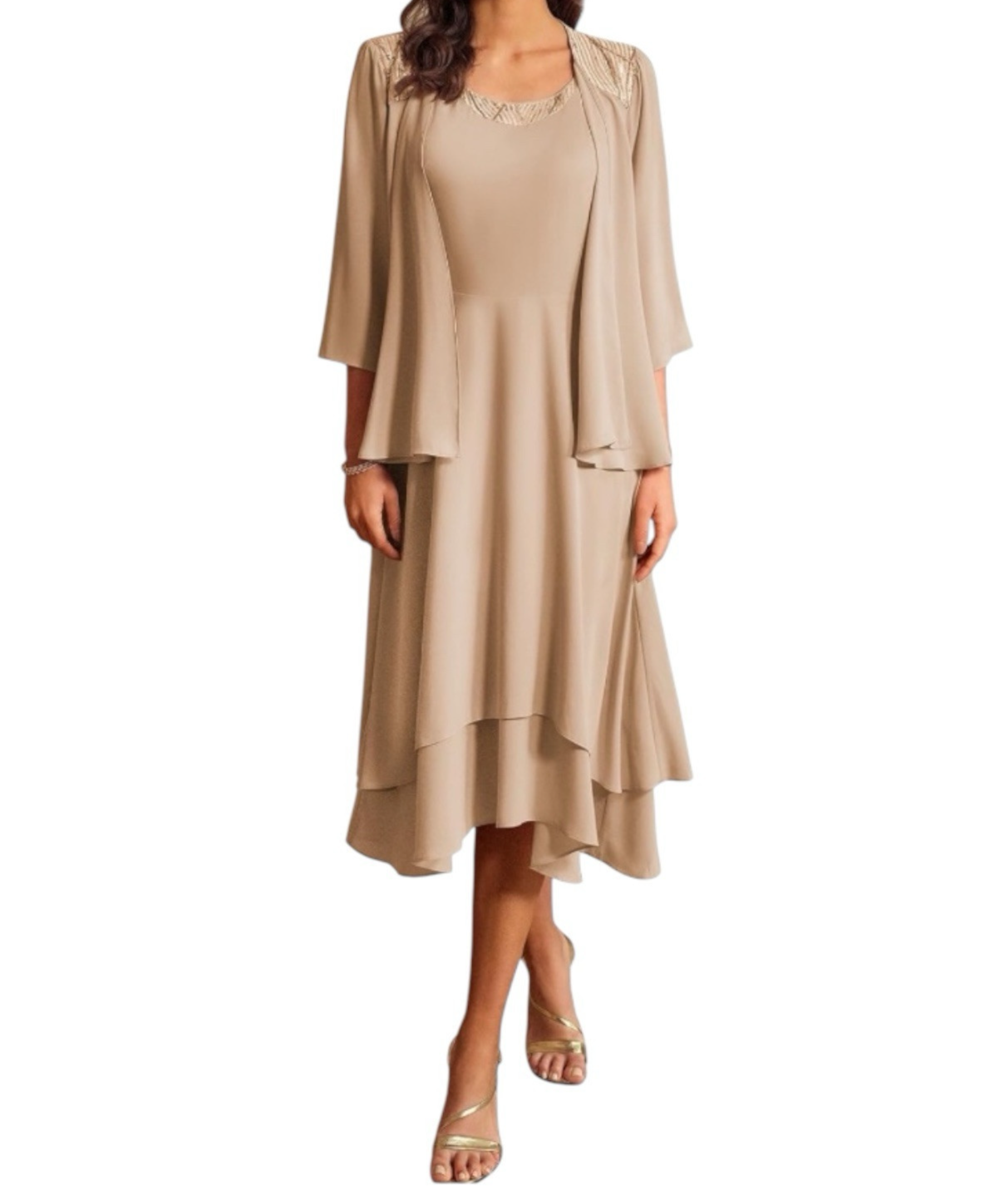 Grace Karin Rose Beige Sequin Cocktail Two-Piece Dress UK Size 12-image