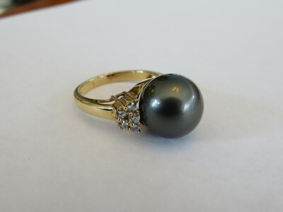 14k Gold Diamond & Black Pearl Charm Ring - Genuine Gemstones, Handcrafted Fine Jewelry