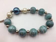 Aqua Blue Glass Beaded Bracelet,Stretch,Stripe Blue Glass Beads,Silver Tone,BB