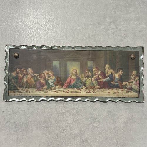 Vintage 1950s Last Supper Scalloped Edge Glass Catholic Wall Picture 10x4 Jesus