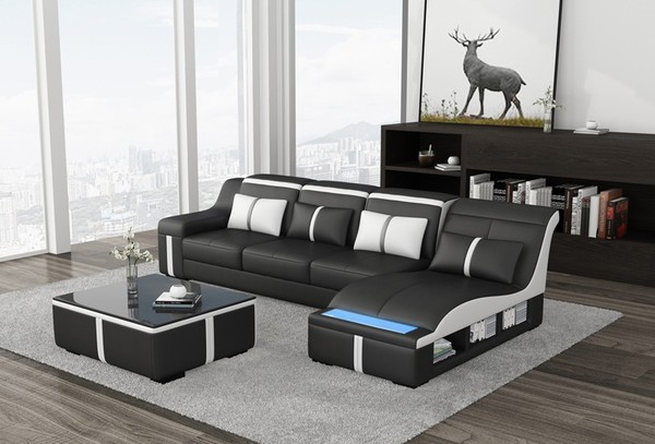Eck Sofa Couch Polster Eck Sitz Leder Garnitur Beleuchtet L Form Wohnlandschaft-image