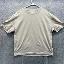 Calvin Klein Shirt Mens Large Beige Crewneck Relaxed Fit Spell Out Logo Tan