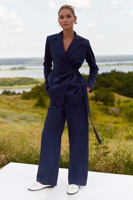 Navy Blue Women's Suit Belted Blazer & Trousers Set by FemeAdor - Size (M)