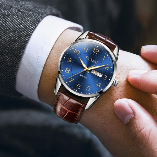 Brown Leather Strap Mens Watches Bule Big Face Men's Watch with Numbers Analo... - Picture 8 of 9