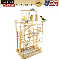 Bird Playground Parrot Playstand Wood Perch Play Gym W/ Removable Tray  Cup NEW